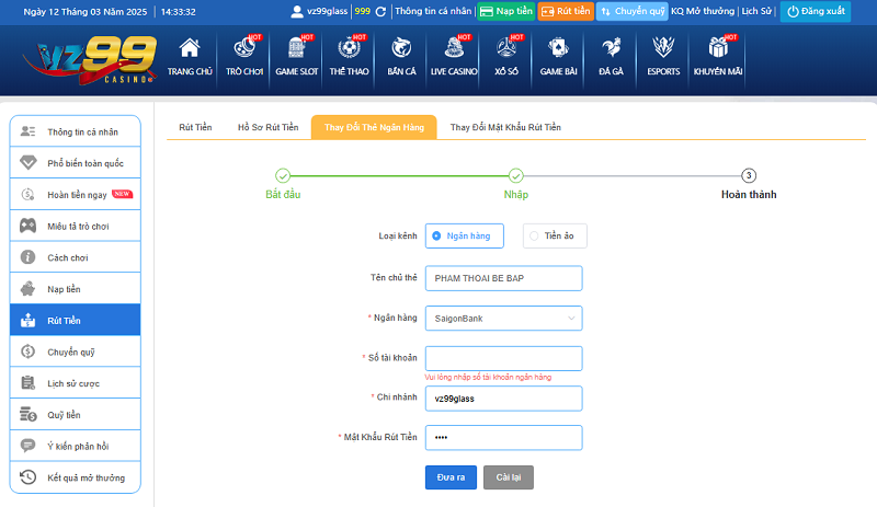 Cách rút tiền VZ99 về tài khoản phút chốc