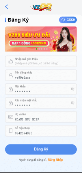 Điền thông tin đăng ký VZ99 tài khoản