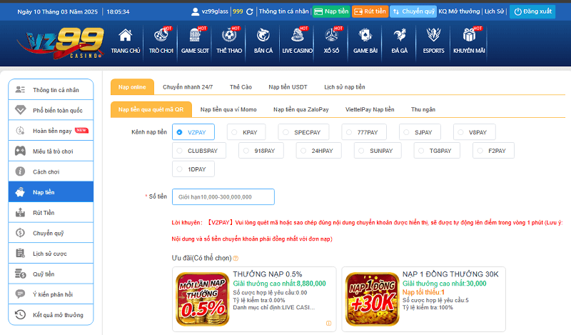 Quy chuẩn nạp tiền VZ99 chi tiết